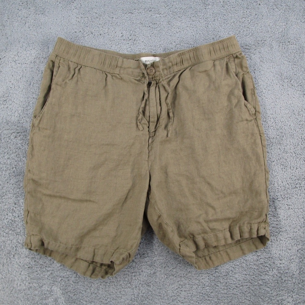 Bugatchi Mens XL Easy Fit Linen Shorts Olive Green Drawstring Resort Casual